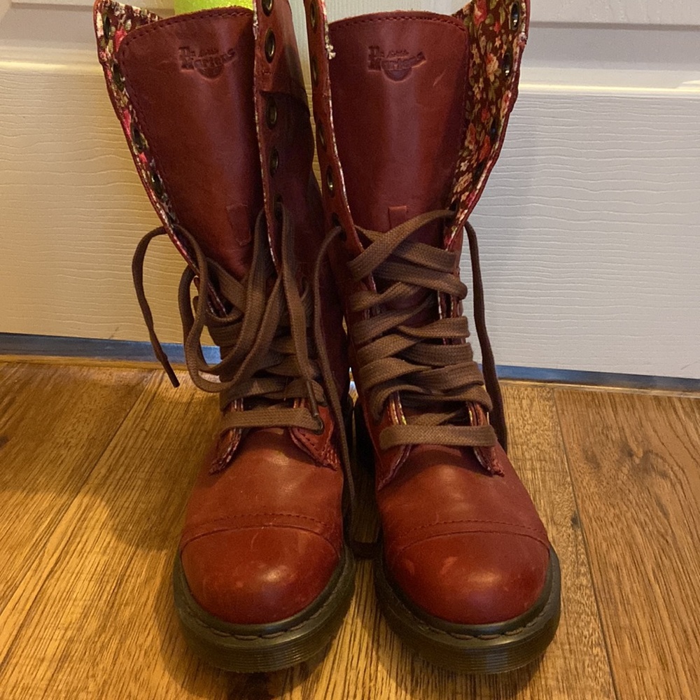 Burgundy Doc Marten boots with floral canvas lining. US ladies size 6.